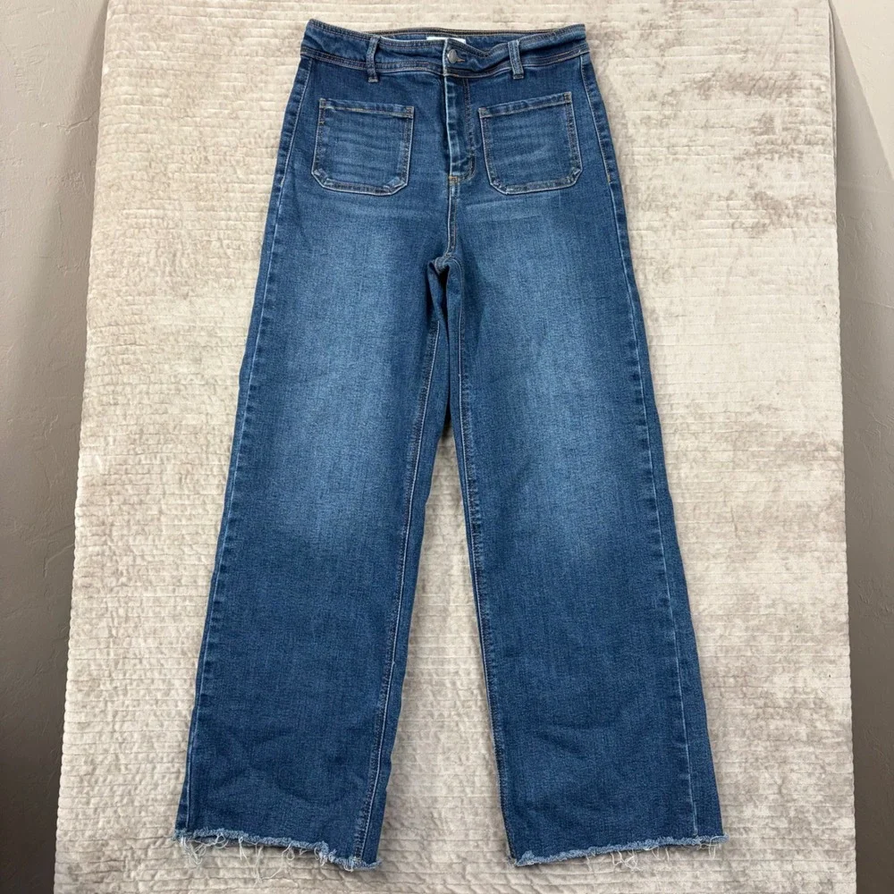 OAT New York High Rise Wide Leg Raw Hem Blue Denim Jeans Womens Size 6/28
